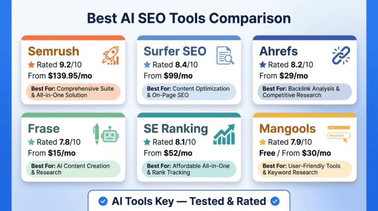 best ai seo tools — comparison of Semrush, Surfer SEO, Ahrefs, Frase and more with ratings, pricing, and recommendations