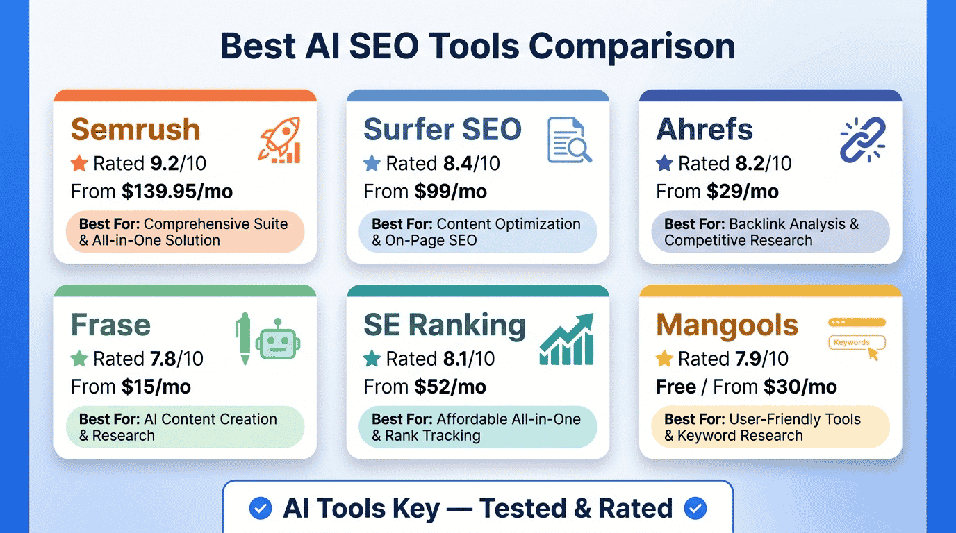 best ai seo tools — comparison of Semrush, Surfer SEO, Ahrefs, Frase and more with ratings, pricing, and recommendations