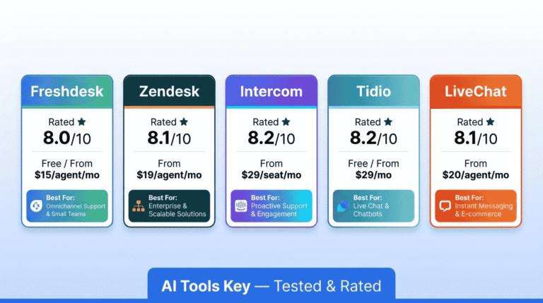 best ai tools for customer service — comparison of Freshdesk, Zendesk, Intercom, Tidio and more with ratings, pricing, and recommendations