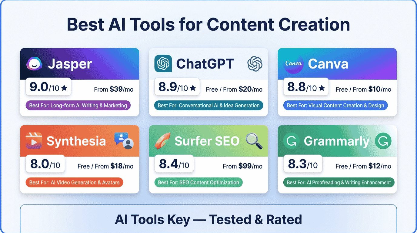 best ai tools for content creation — comparison of Jasper, ChatGPT, Canva, Synthesia and more with ratings, pricing, and recommendations