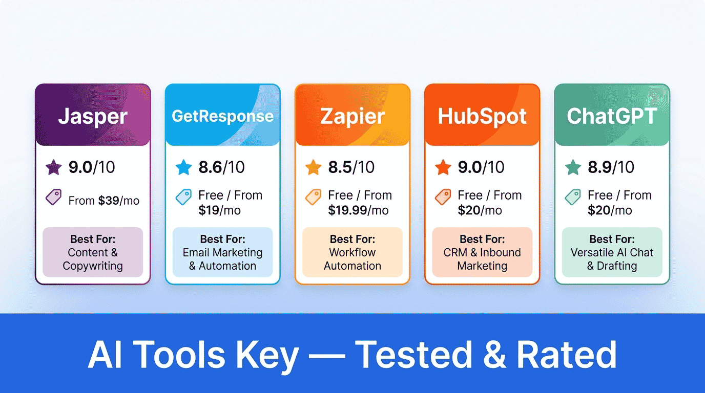 best ai tools for small business — comparison of Jasper, GetResponse, Zapier, HubSpot and more with ratings, pricing, and recommendations