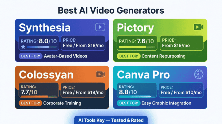 best ai video generators — comparison of Synthesia, Pictory, Colossyan, Canva Pro and more with ratings, pricing, and recommendations