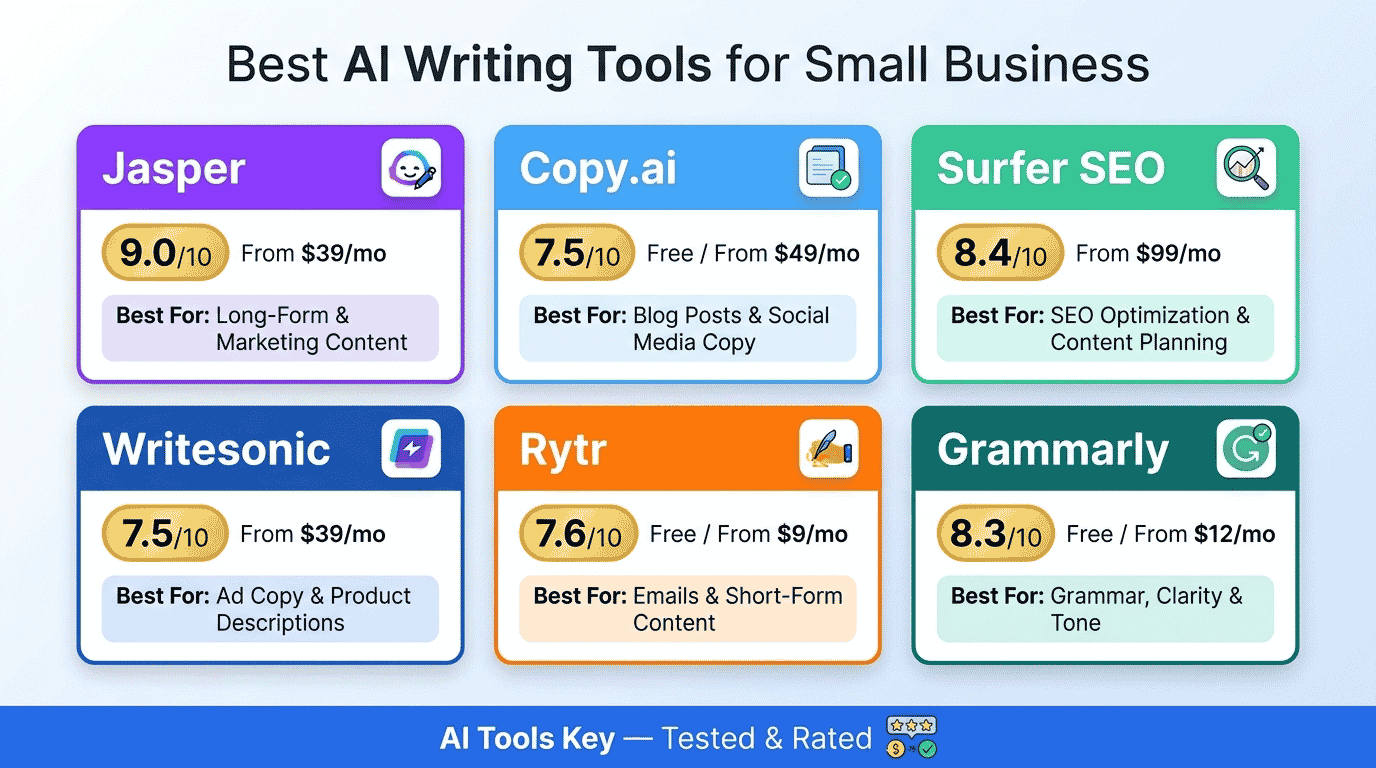 best ai writing tools for small business — comparison of Jasper, Copy.ai, Surfer SEO, Writesonic and more with ratings, pricing, and recommendations