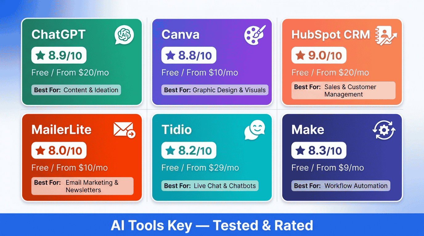 best free ai tools for business — comparison of ChatGPT, Canva, HubSpot CRM, MailerLite and more with ratings, pricing, and recommendations