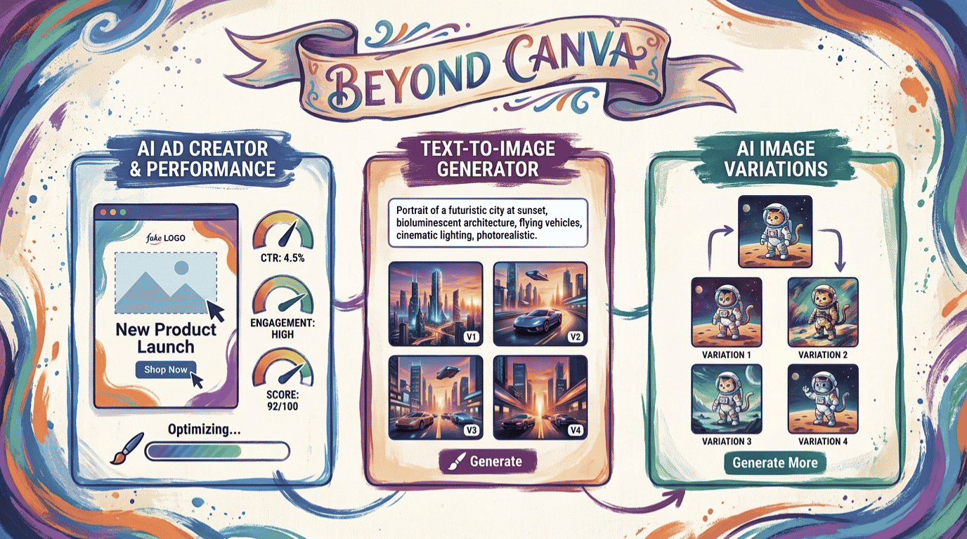 Canva alternatives for business 2026 compared: Midjourney, DALL-E and AdCreative.ai AI design tools side by side