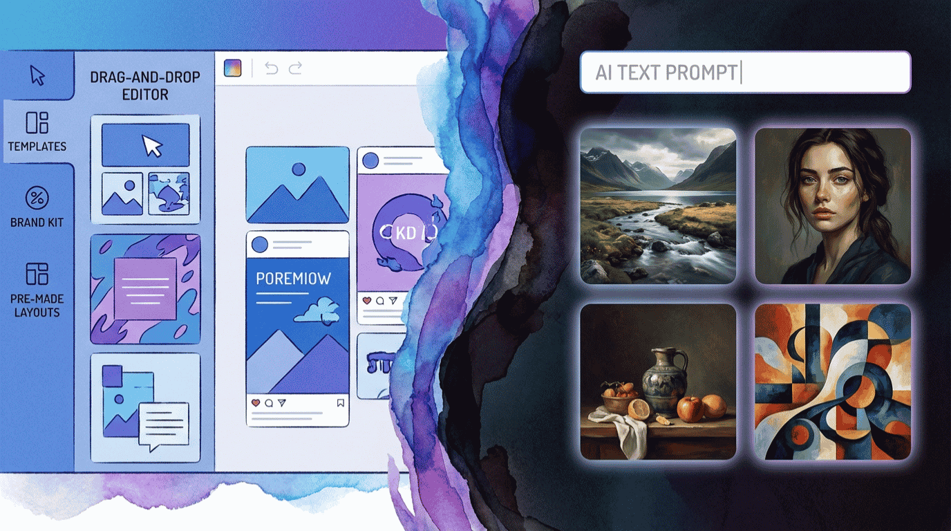 Canva vs Midjourney creation comparison showing template-based design next to AI image generation
