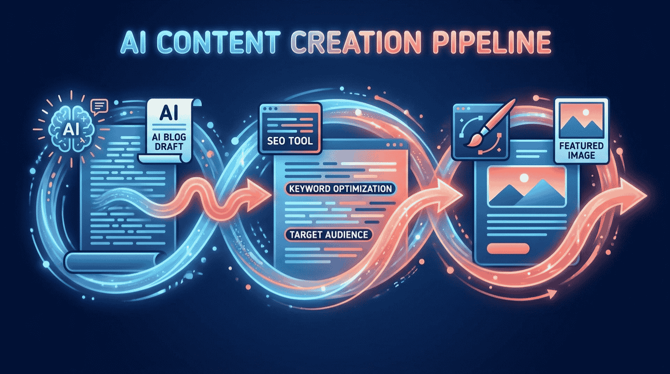 How to use AI for content creation: workflow showing AI helping with ideas, writing, SEO optimization, and visuals for a small business