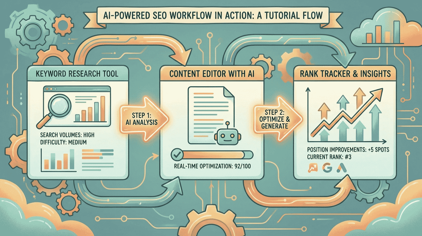 How to use AI for SEO: illustration of an AI SEO workflow from keyword research to content optimization for small business