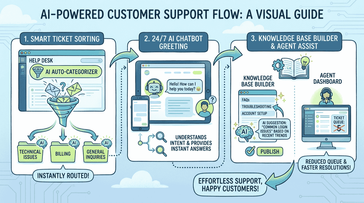 How to automate customer support with AI: diagram of an AI agent answering FAQs, routing tickets, and escalating to a human for a small business
