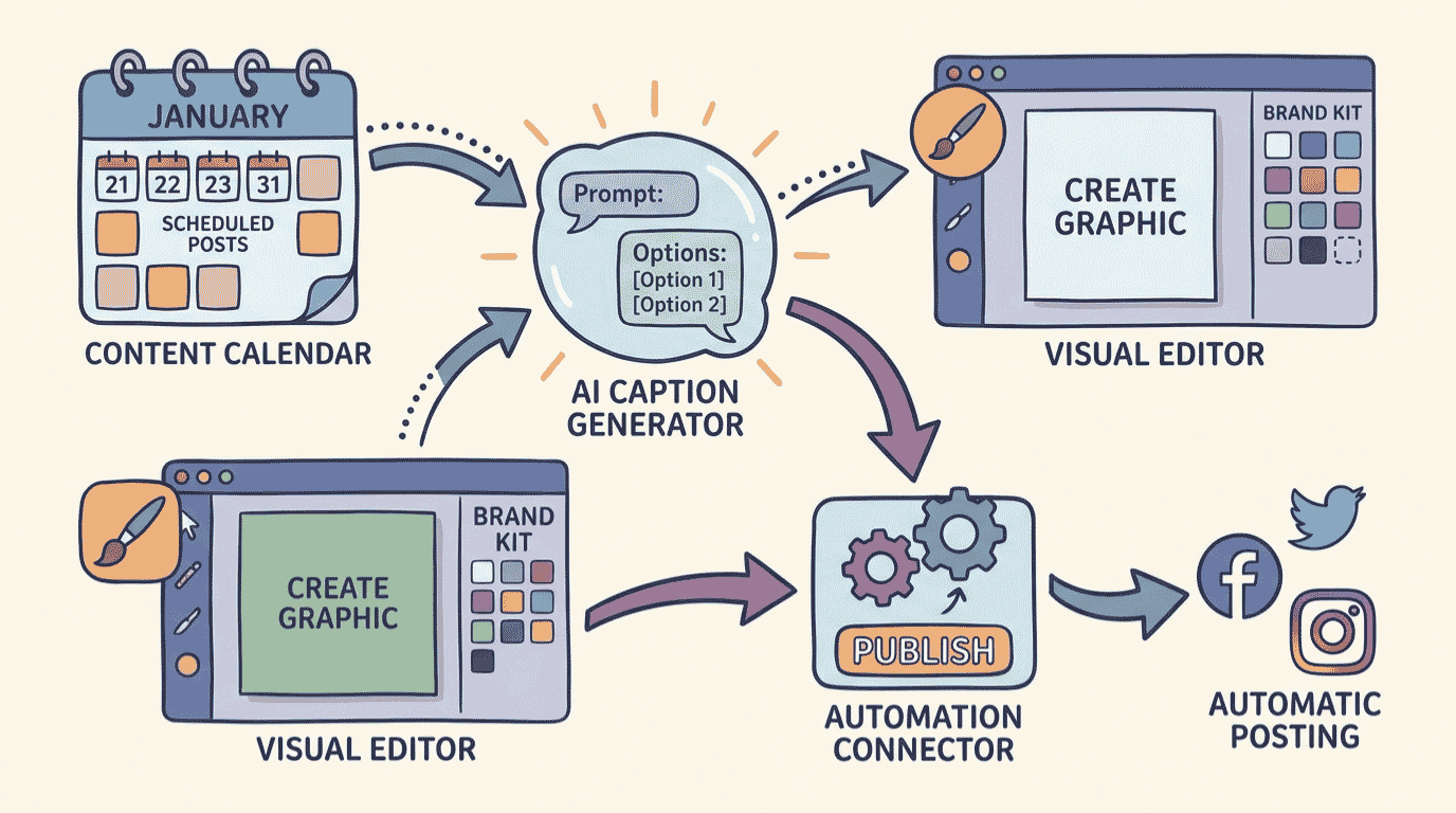 How to automate social media with AI: illustration of an AI workflow from content ideas to captions, design, and auto-posting for small business