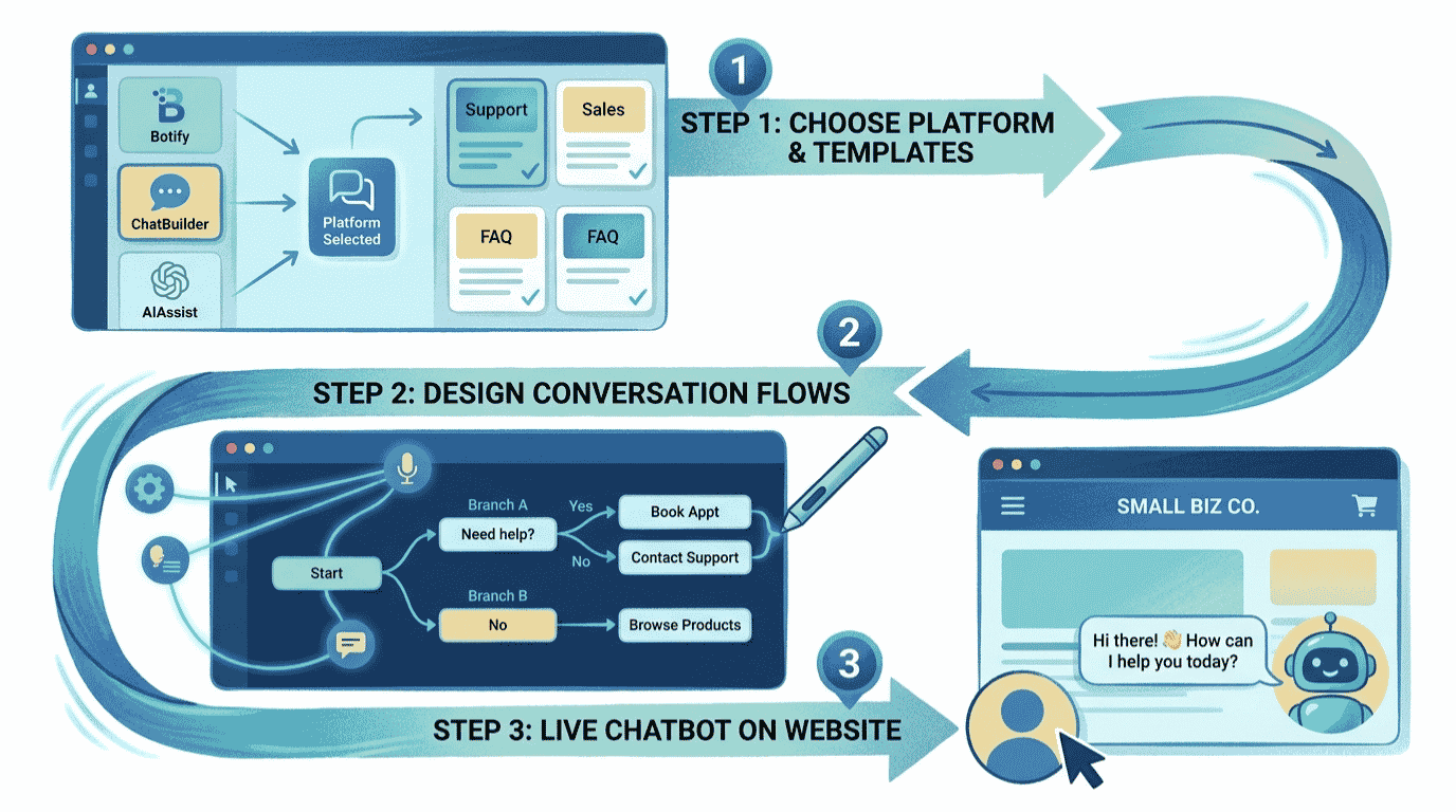 How to build AI chatbot for small business: illustration of a no-code chatbot workflow across website, Instagram, and WhatsApp