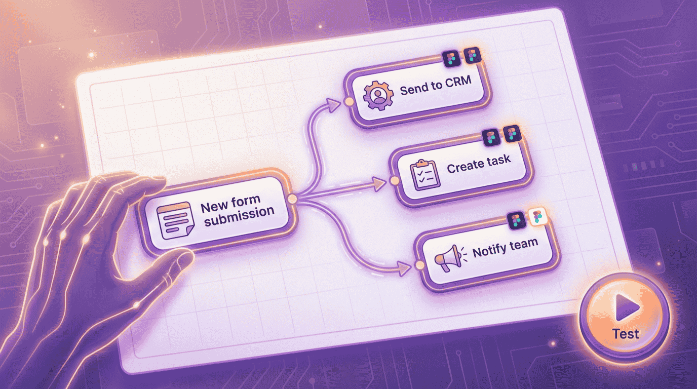 How to create AI workflow automation: diagram showing a trigger, an AI decision step, and an action across connected apps for a small business