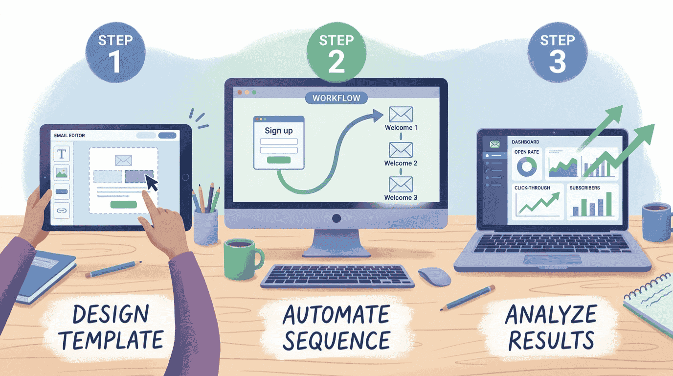 How to automate email marketing with AI: illustration of an AI-powered email automation workflow for small business