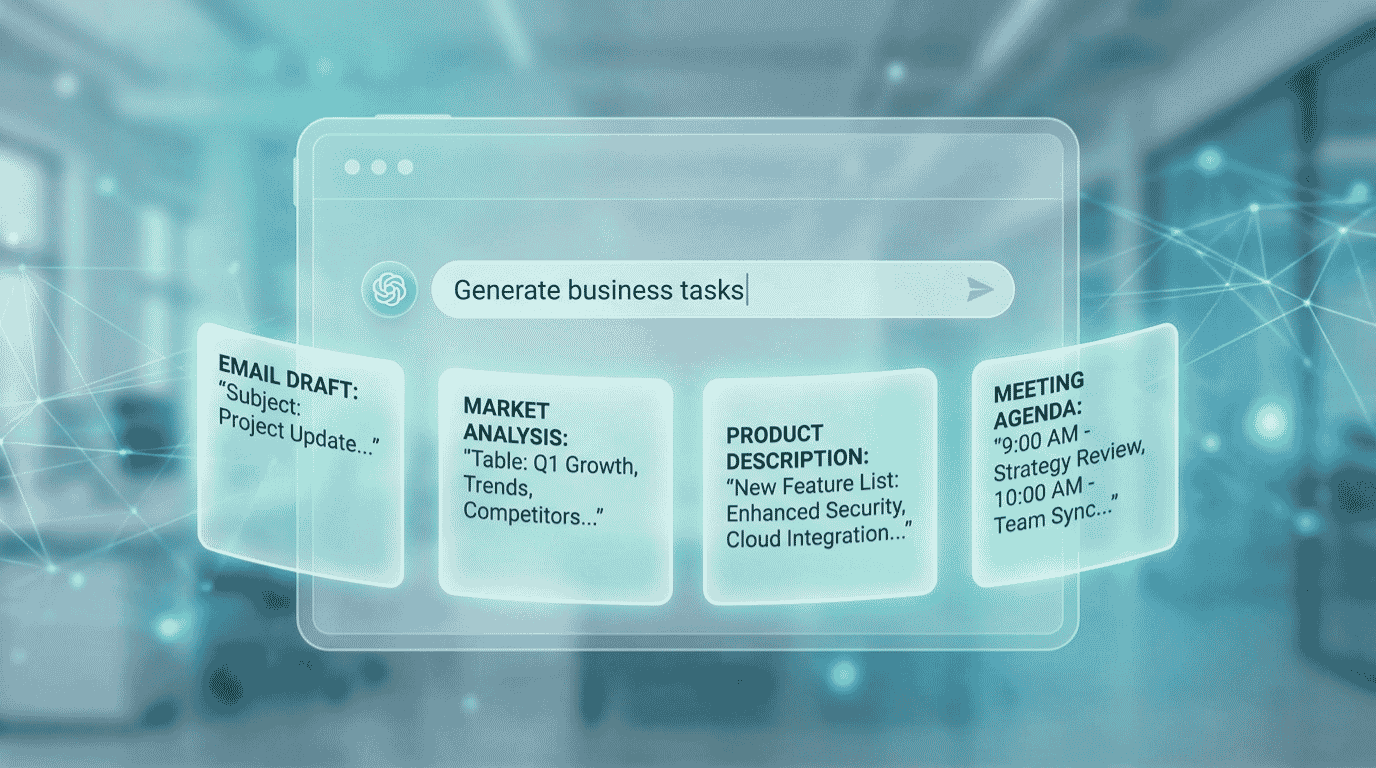 How to use ChatGPT for business: illustration of ChatGPT handling emails, content, customer service, and data analysis for a small business