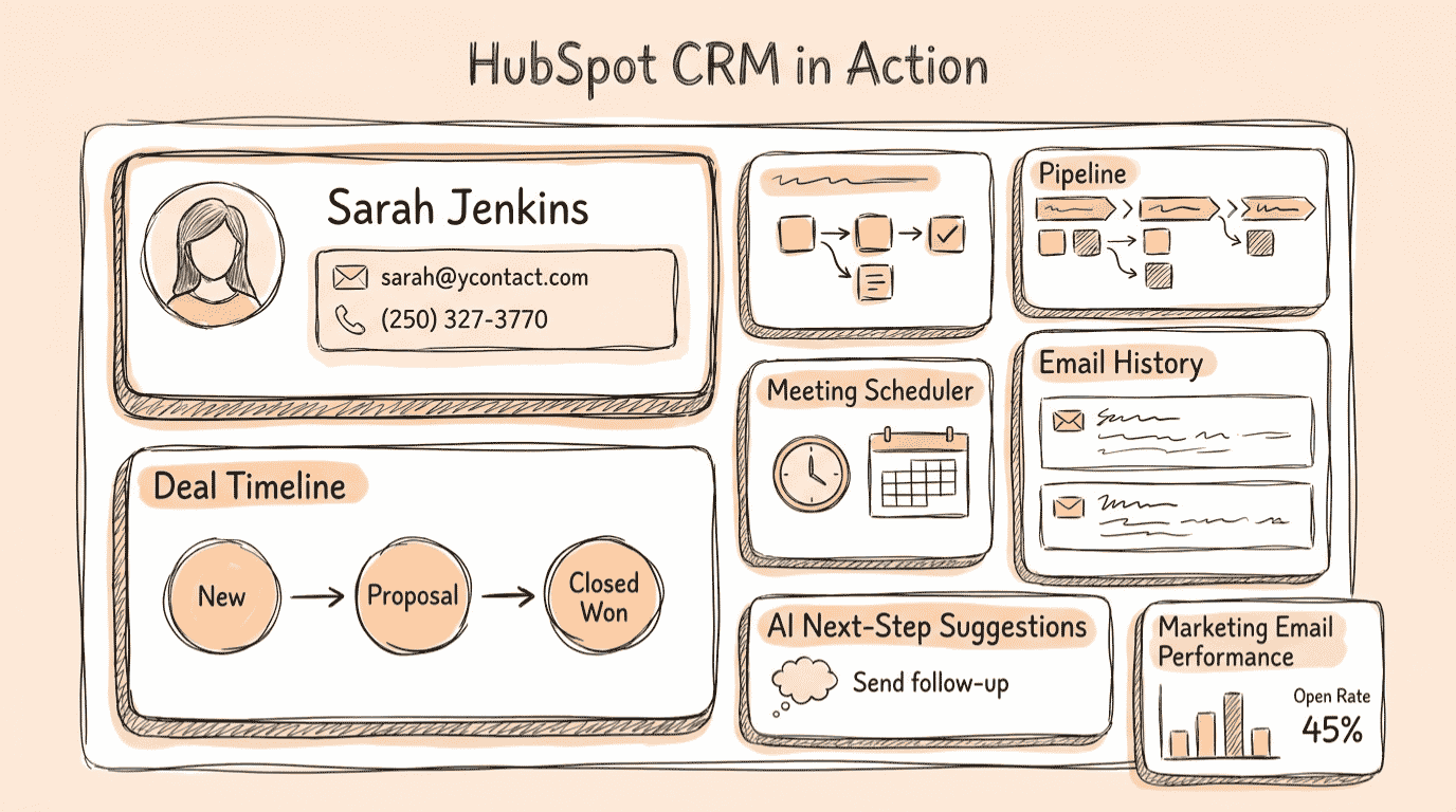 HubSpot CRM review dashboard showing the Smart CRM contact timeline and deal pipeline for a small business