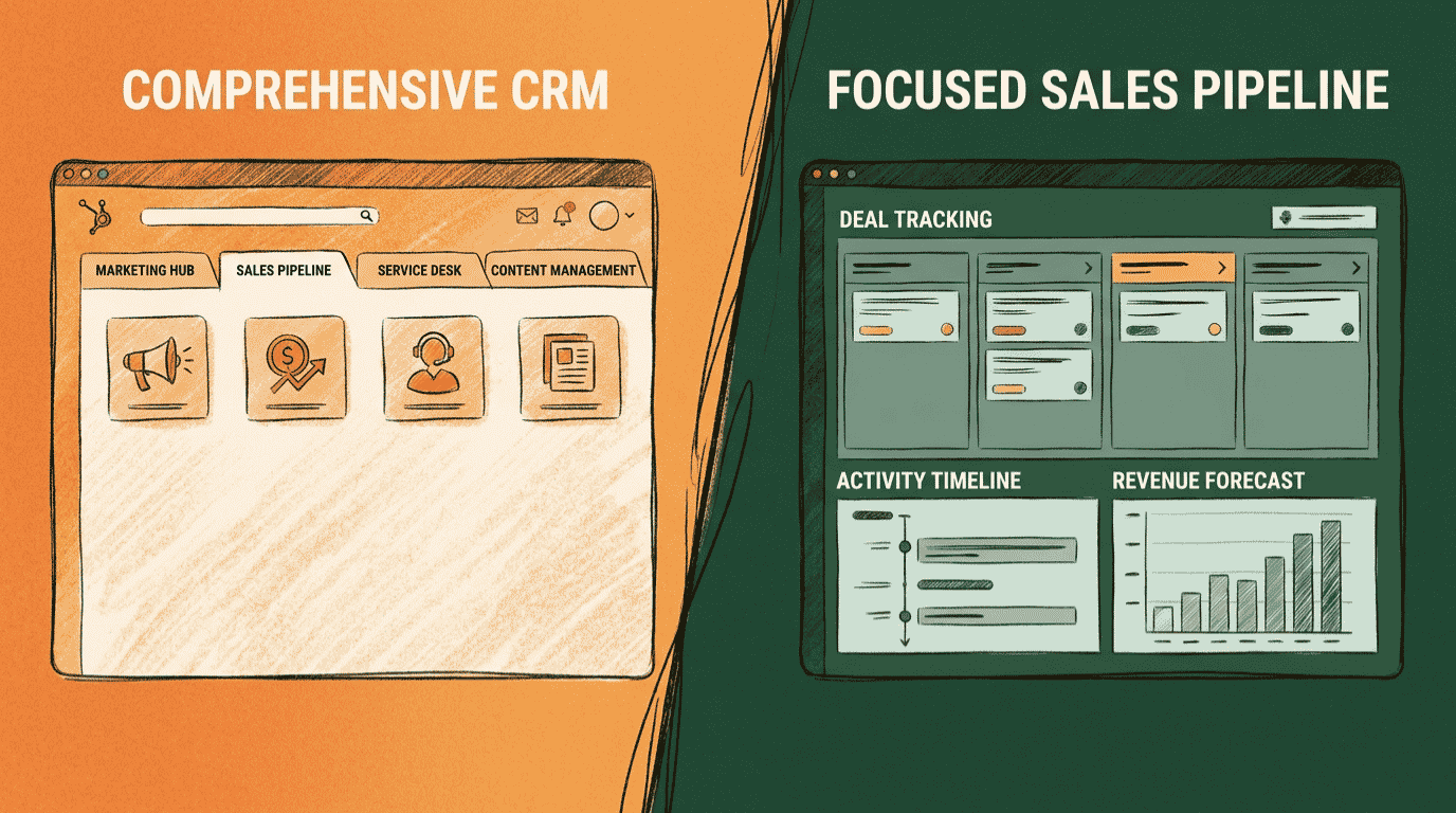 HubSpot vs Pipedrive CRM comparison showing the all-in-one platform next to the visual sales pipeline