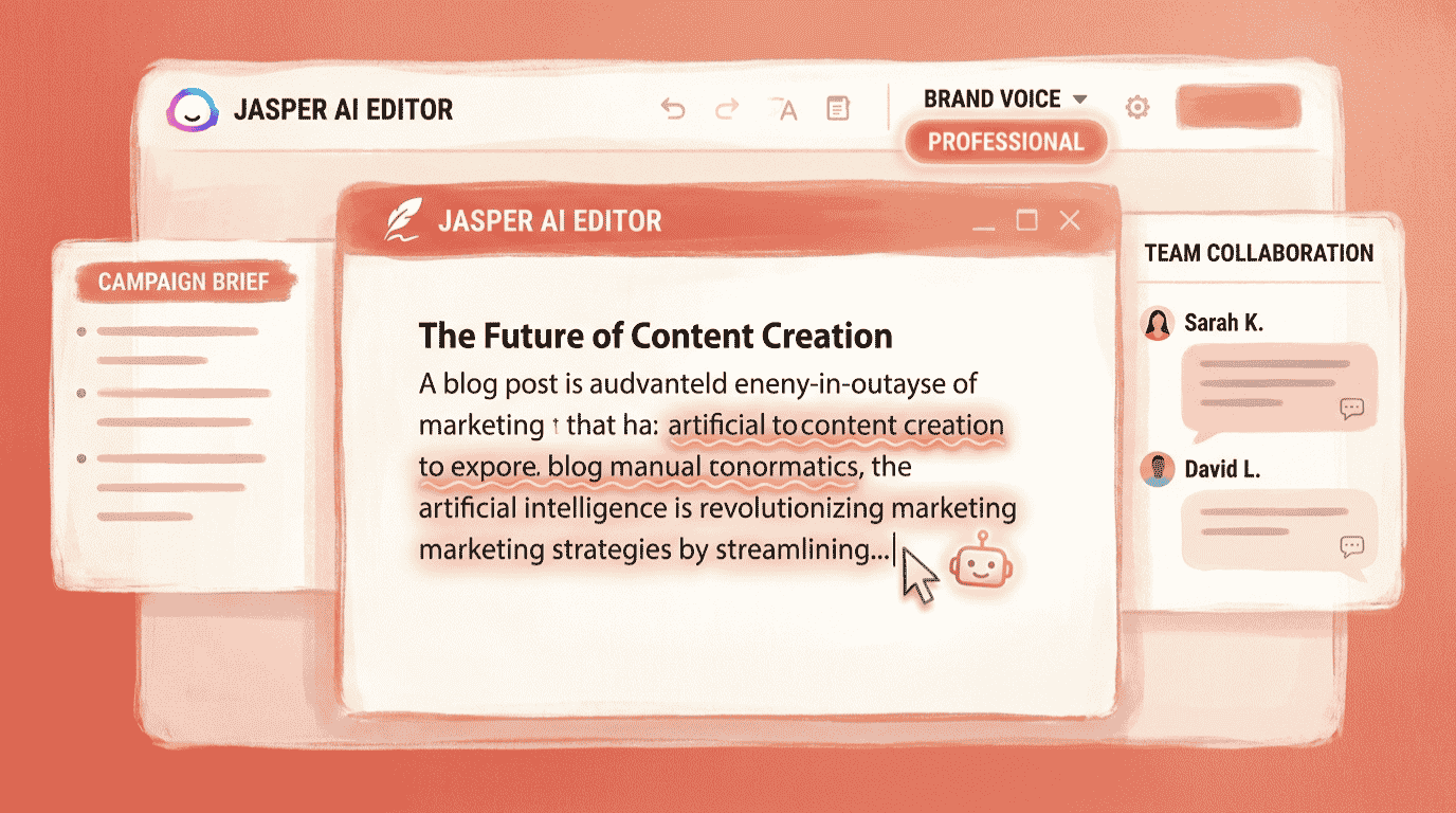 Jasper AI review 2026 showing the Jasper editor and Brand Voice dashboard in action