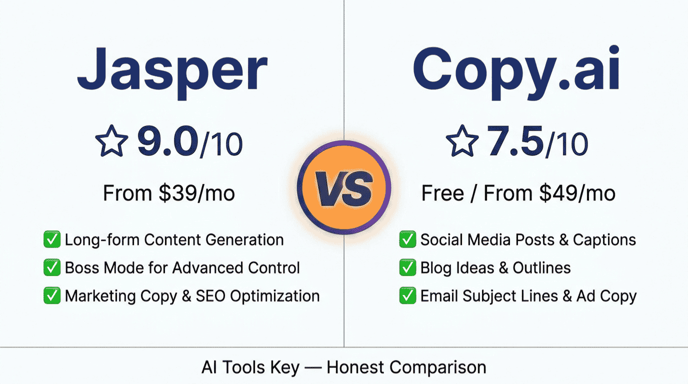 Jasper vs Copy.ai comparison — features, pricing, and verdict for small business