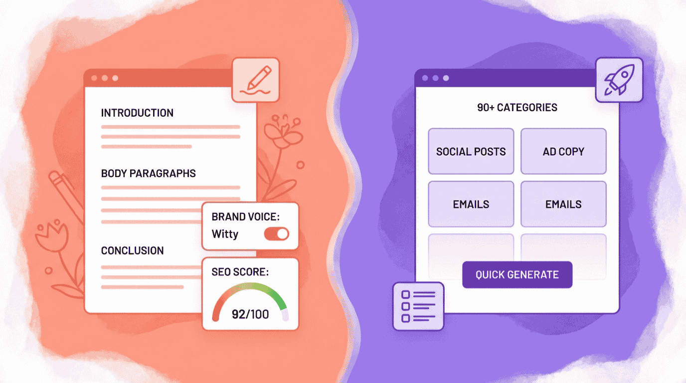 Jasper vs Copy.ai interface comparison showing both AI writing tool dashboards side by side in 2026