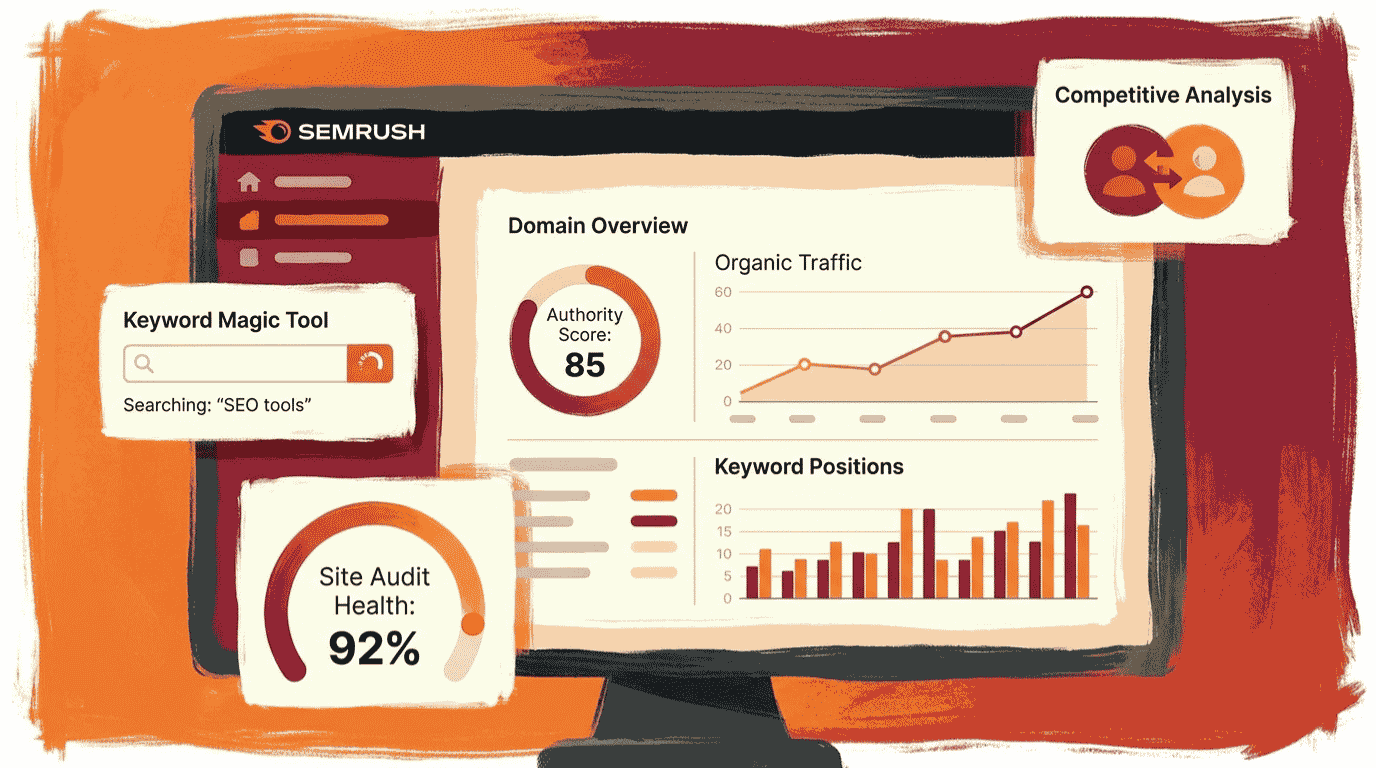 Semrush review 2026 showing the keyword research and domain analytics dashboard