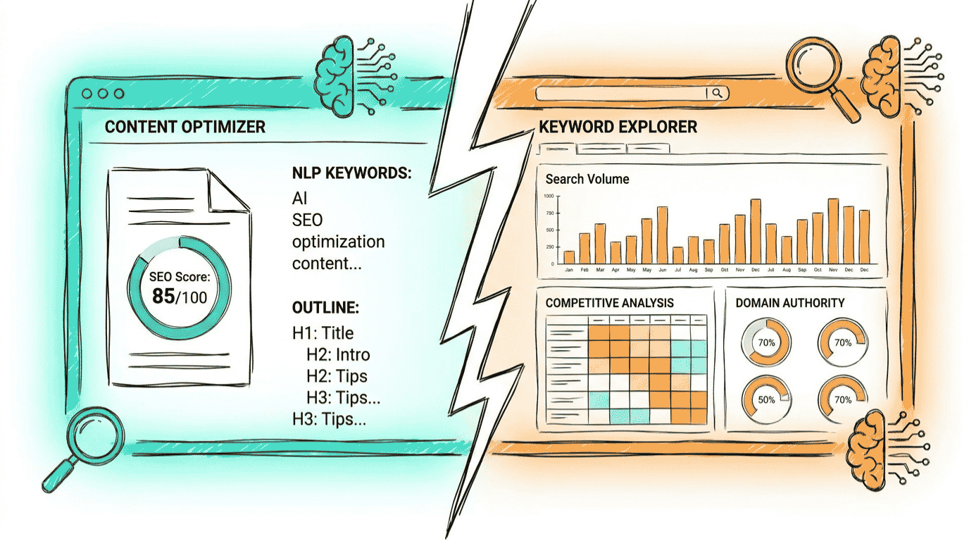 Surfer SEO vs Semrush interface comparison showing both SEO tool dashboards side by side in 2026