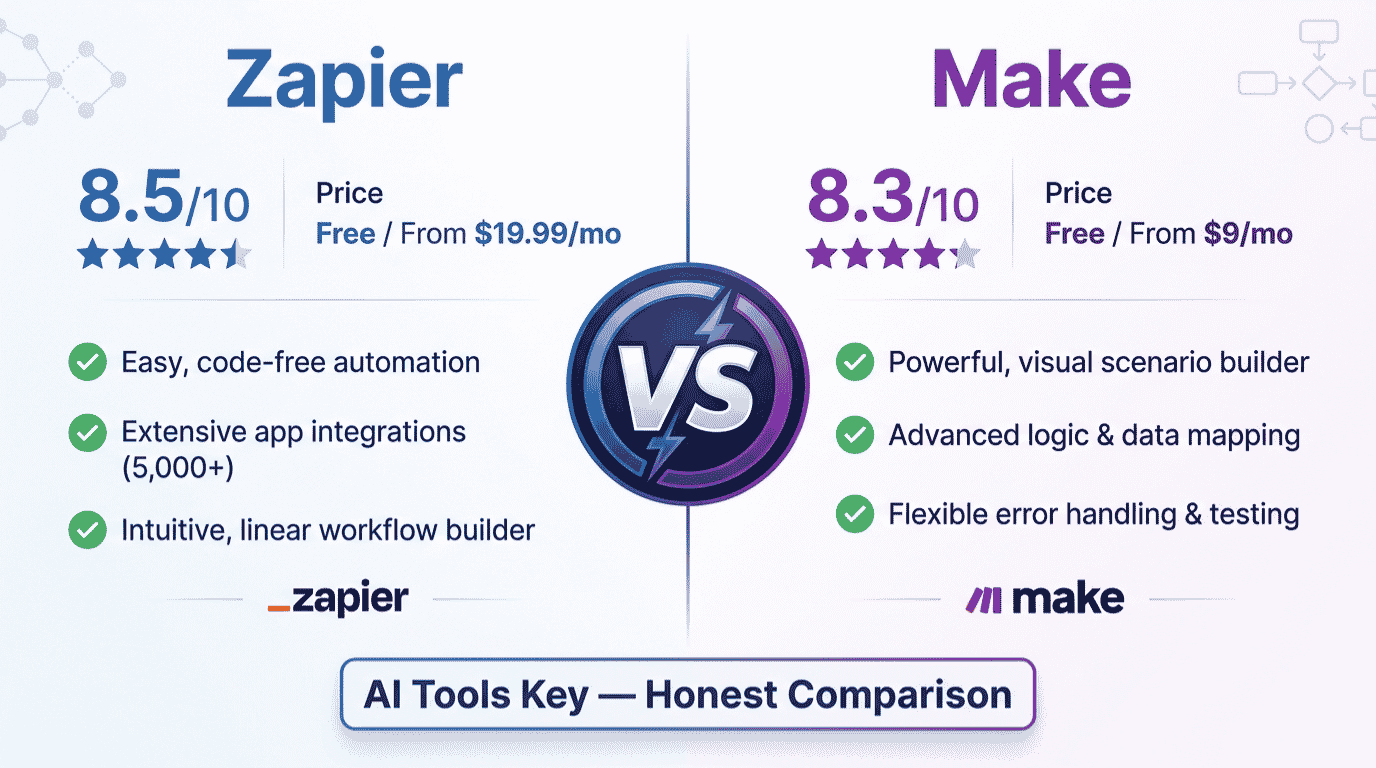 Zapier vs Make comparison — features, pricing, and verdict for small business
