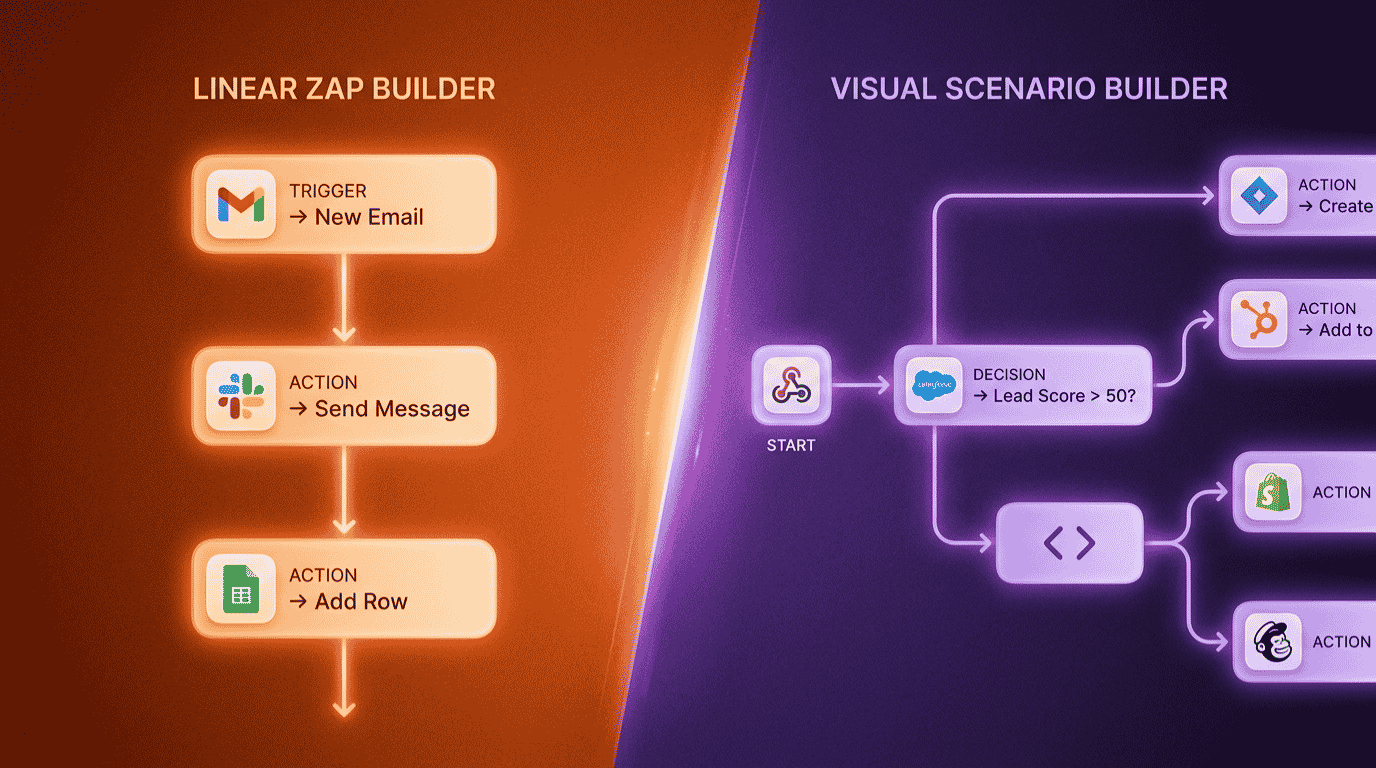 Zapier vs Make interface comparison showing Zapier linear builder next to Make visual canvas